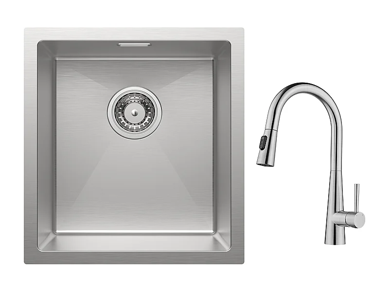 Cecipa max Einbauspüle aus Edelstahl 40 x 44 cm, gebürstetes Einzelbecken, Küchenspüle + Küchenmischbatterie mit ausziehbarer Brause – mit 3 Wasserauslassmodi