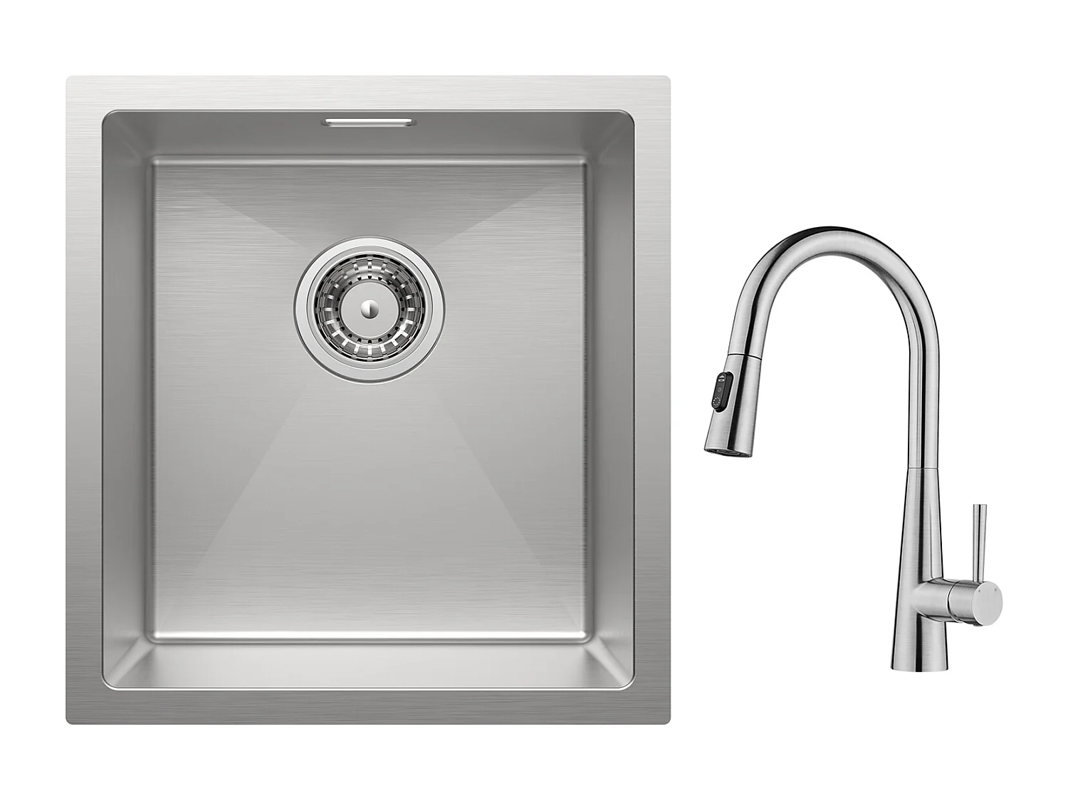 Cecipa max Einbauspüle aus Edelstahl 40 x 44 cm, gebürstetes Einzelbecken, Küchenspüle + Küchenmischbatterie mit ausziehbarer Brause – mit 3 Wasserauslassmodi