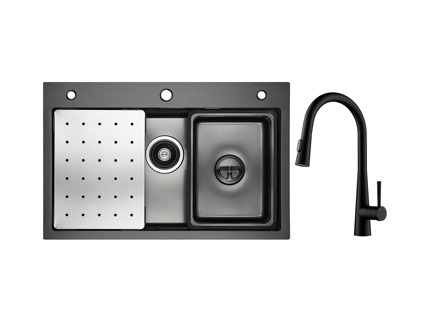 Fregadero Cecipa max de 1 seno 70×45cm con escurridor, lavabo y dosificador de jabón + grifo monomando con ducha extraíble, 3 salidas de agua, negro