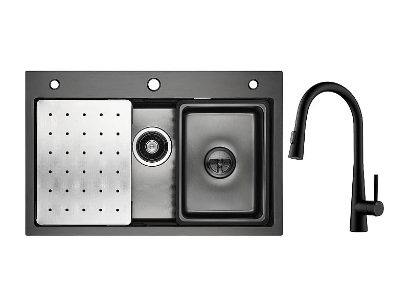 Lavello Cecipa max 1 vasca 70×45 cm con gocciolatoio, vasca e dosatore sapone + miscelatore con doccetta estraibile, 3 modalità di uscita acqua, nero