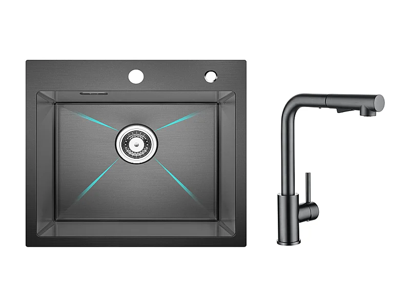 Lavello Cucina Cecipa MAX 1 Vasca 50×45×18,5CM Lavello Acciaio Inox Nero + Miscelatore Cucina Con Doccia Estraibile