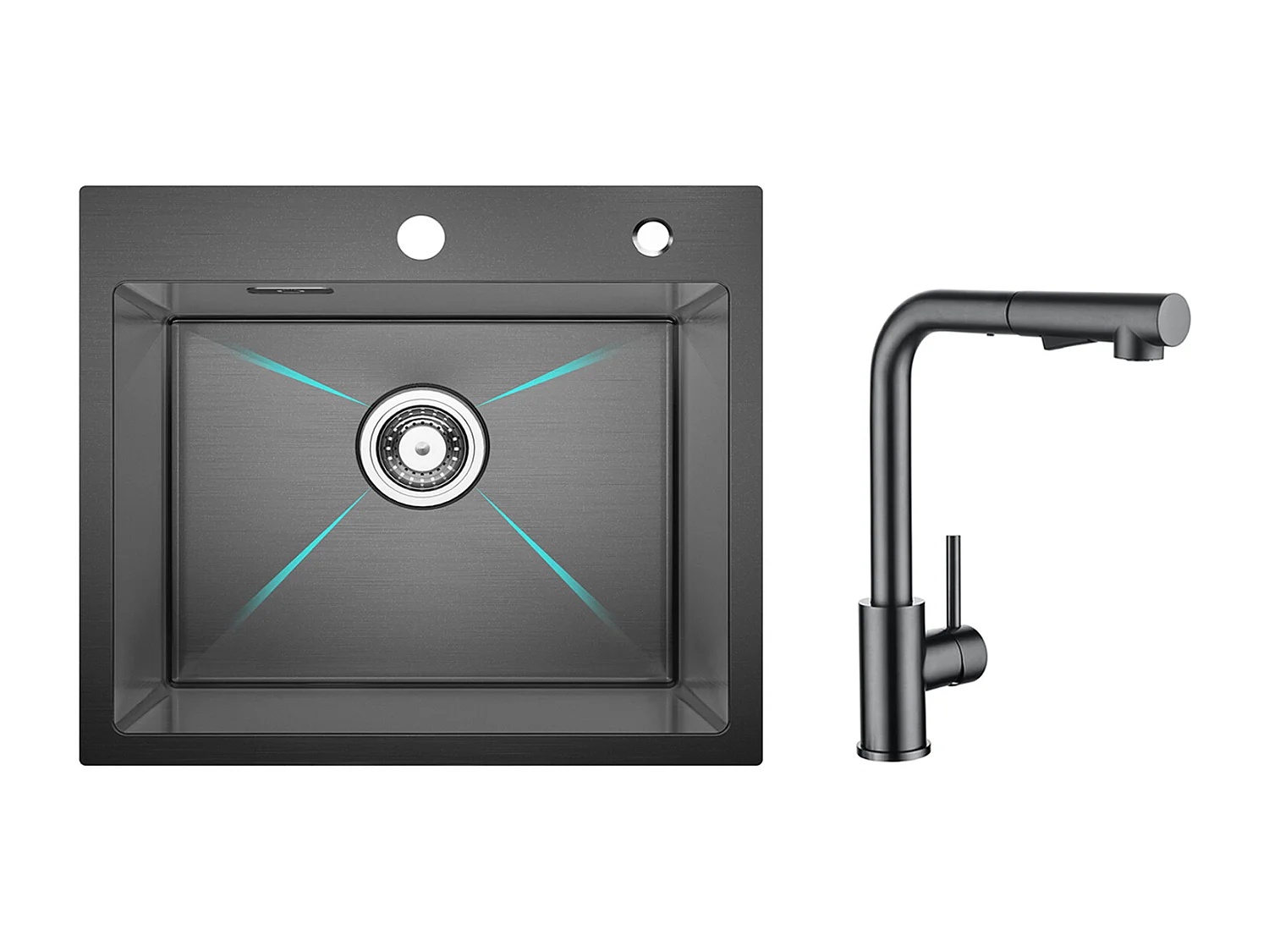 Cecipa MAX Einzelbecken-Küchenspüle 50×45×18,5 cm, schwarze Edelstahlspüle + Küchenmischbatterie mit ausziehbarer Brause