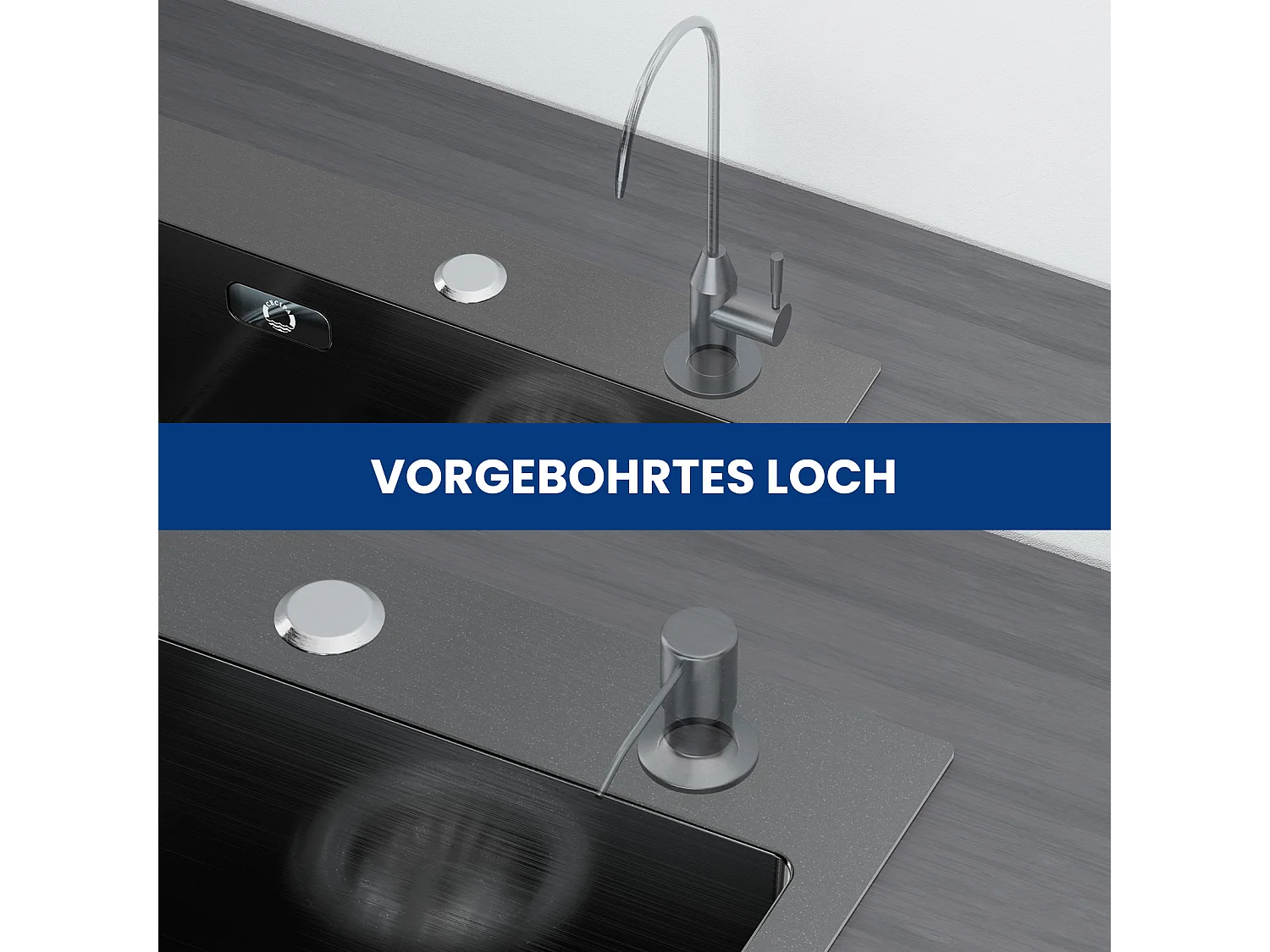 Cecipa MAX Einzelbecken-Küchenspüle 50×45×18,5 cm, schwarze Edelstahlspüle + Küchenmischbatterie mit ausziehbarer Brause