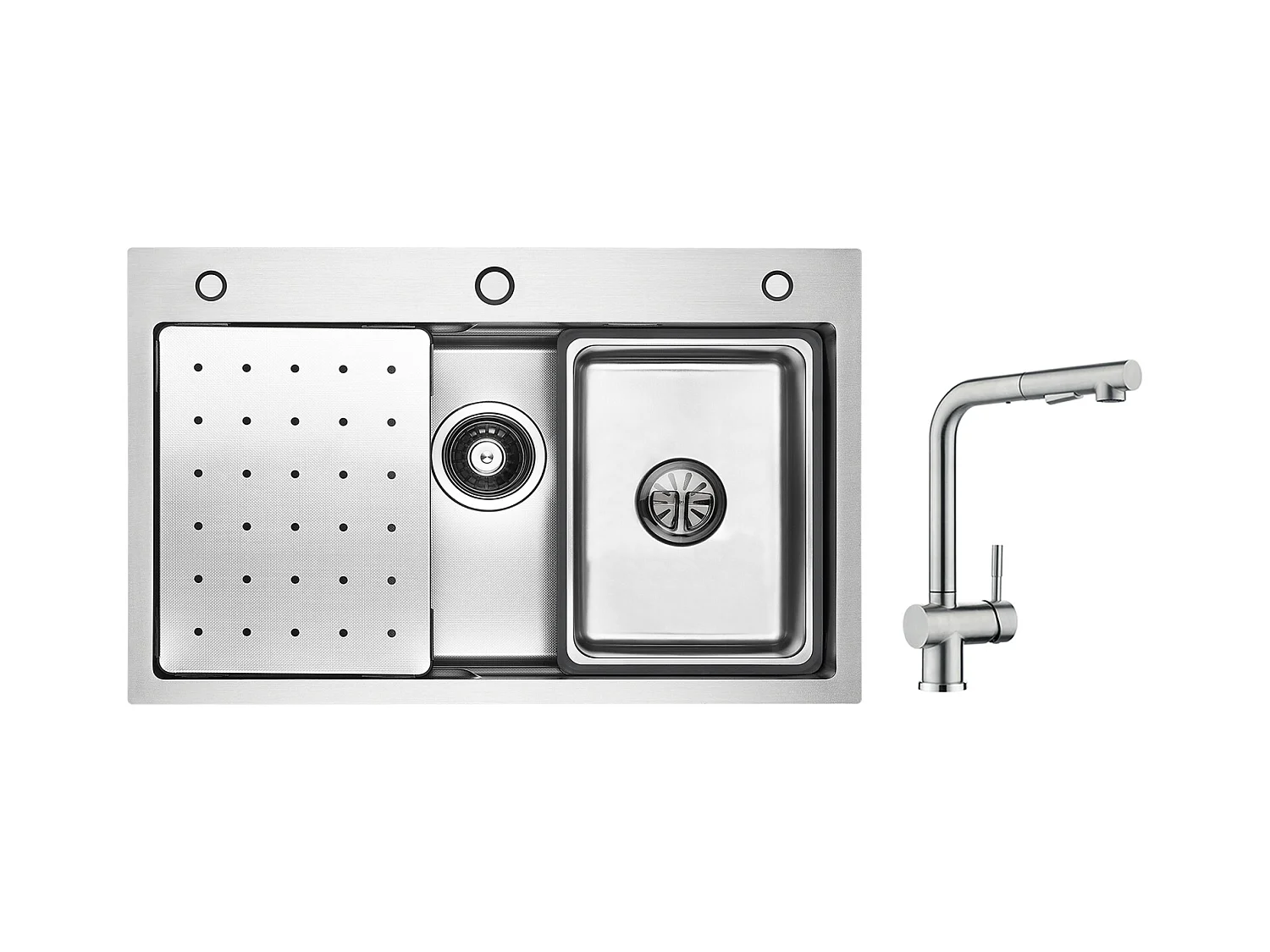 Cecipa max Évier Inox 70×45×21.5CM avec Egouttoir, Vasque et Distributeur de Savon + Robinet Cuisine avec Douchette, Mitigeur Extractible Brossé