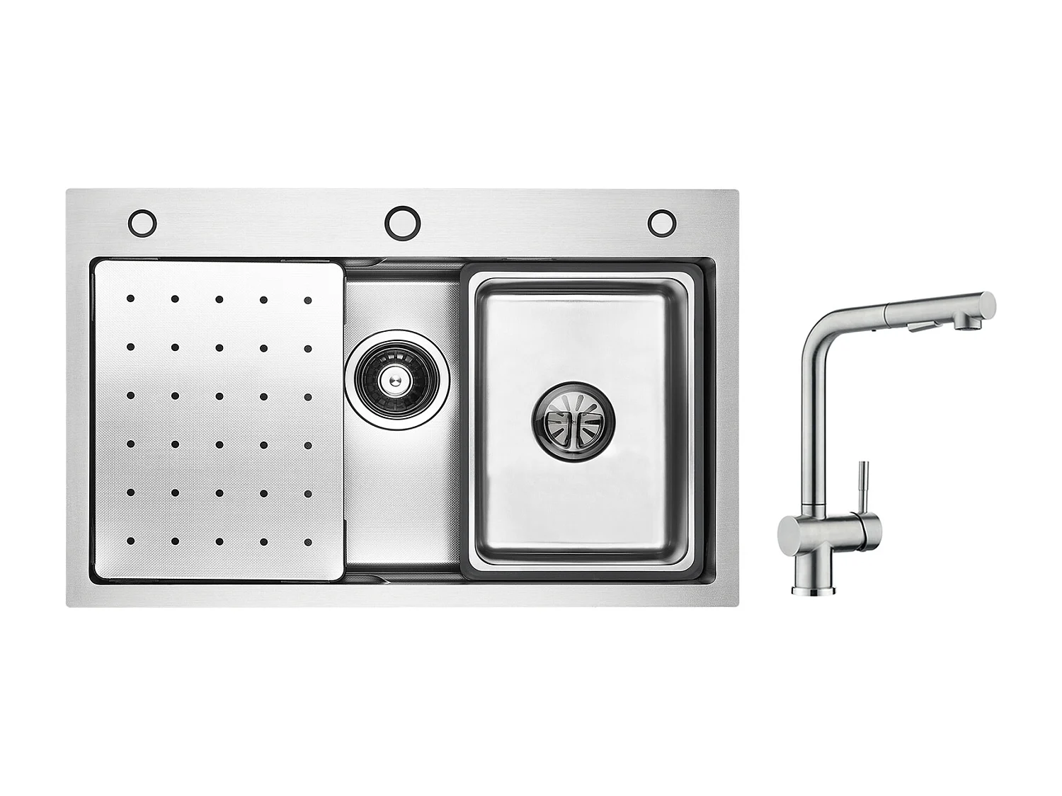Cecipa max Évier Inox 70×45×21.5CM avec Egouttoir, Vasque et Distributeur de Savon + Robinet Cuisine avec Douchette, Mitigeur Extractible Brossé