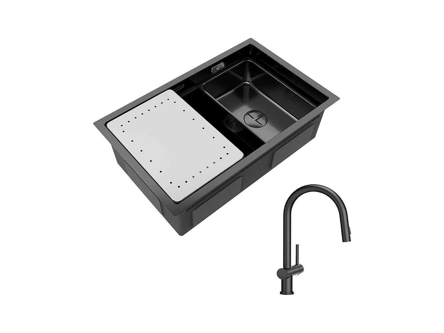 Lavello Cucina Cecipa max 1 Vasca 70×44×21CM Lavello Incasso Nero con Gocciolatoio e Vasca + Miscelatore Cucina Nero con Doccetta Estraibile