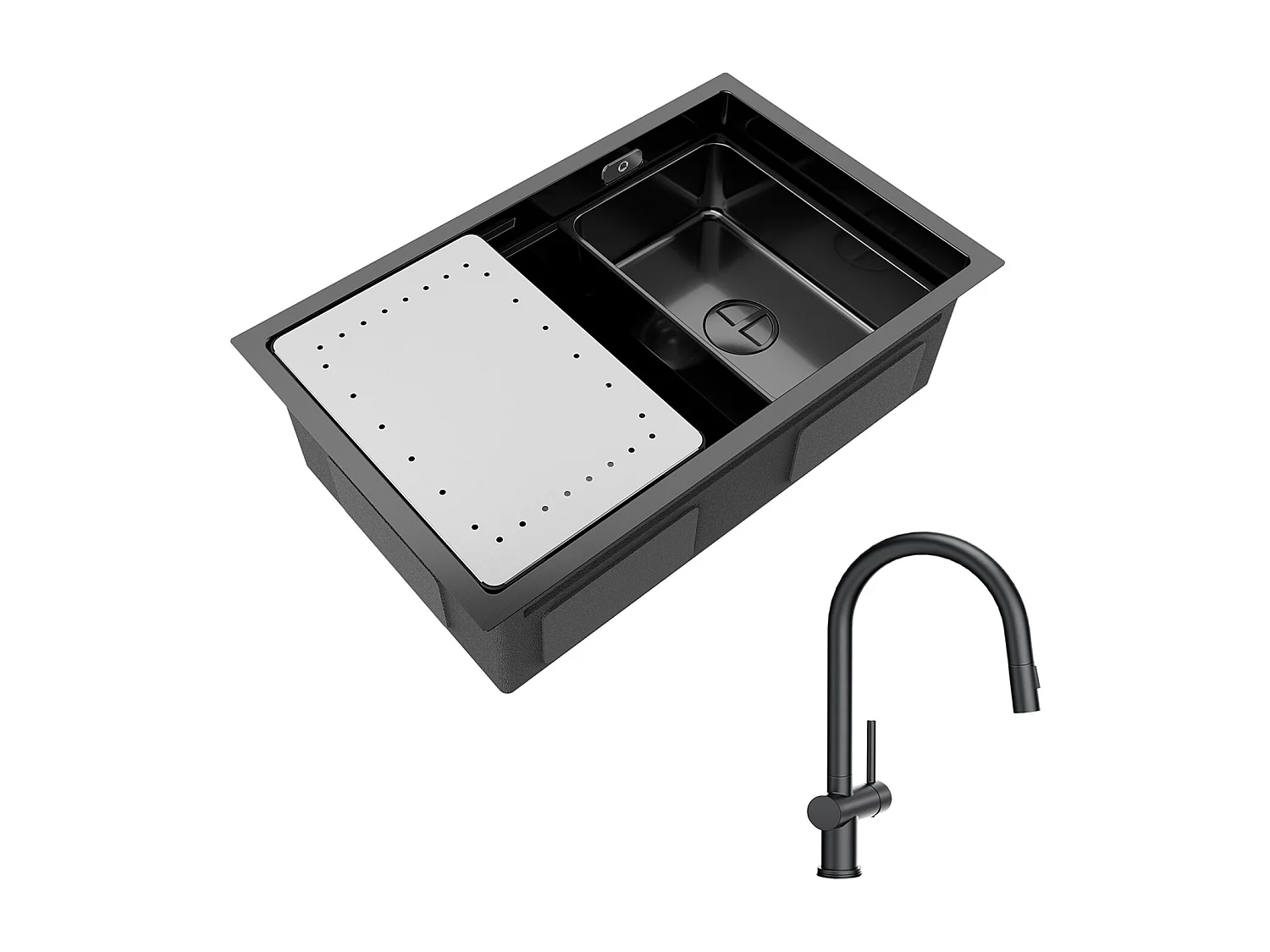 Cecipa max Évier Cuisine 1 Bac 70×44×21CM Évier à Encastrer Noir avec Egouttoir et Vasque + Noir Mitigeur de Cuisine avec Douchette Extractible