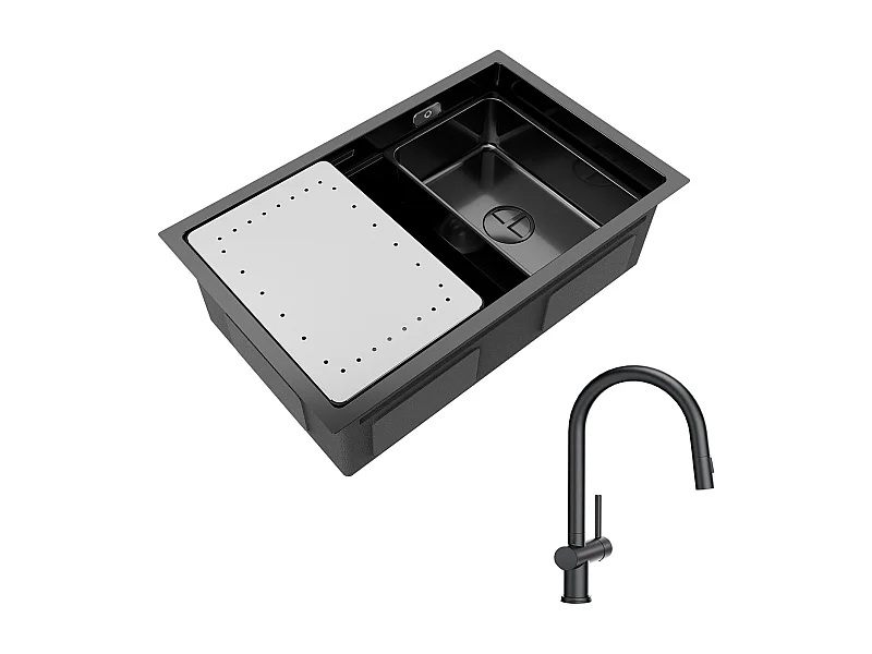 Cecipa max Évier Cuisine 1 Bac 70×44×21CM Évier à Encastrer Noir avec Egouttoir et Vasque + Noir Mitigeur de Cuisine avec Douchette Extractible