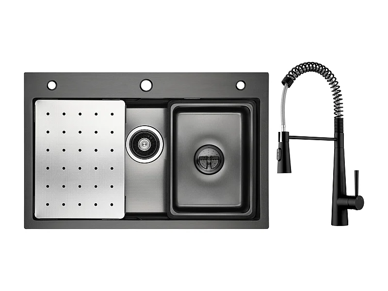 Cecipa max Einzelspüle 70×45cm mit Abtropffläche, Becken und Seifenspender + Spring Küchenmischbatterie mit 3 Wasserauslassmodi, Schwarz