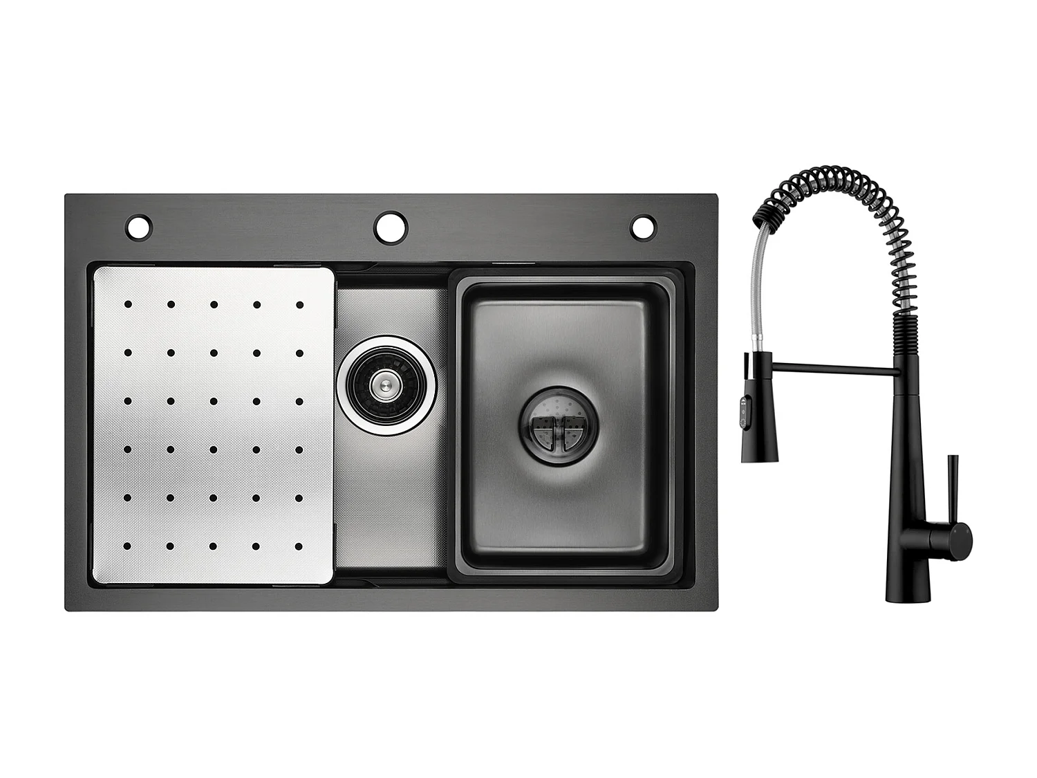 Cecipa max Évier 1 Bac 70×45cm avec Egouttoir, Vasque et Distributeur de Savon + Mitigeur de Cuisine à Ressort avec 3 Modes de Sortie D'eau, Noir