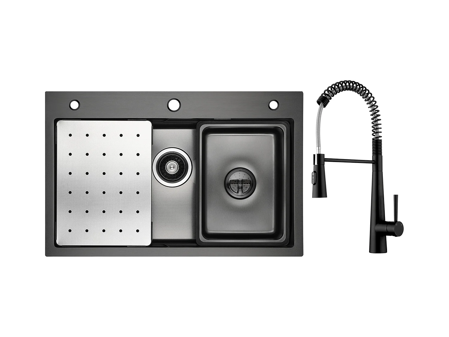 Cecipa max Évier 1 Bac 70×45cm avec Egouttoir, Vasque et Distributeur de Savon + Mitigeur de Cuisine à Ressort avec 3 Modes de Sortie D'eau, Noir