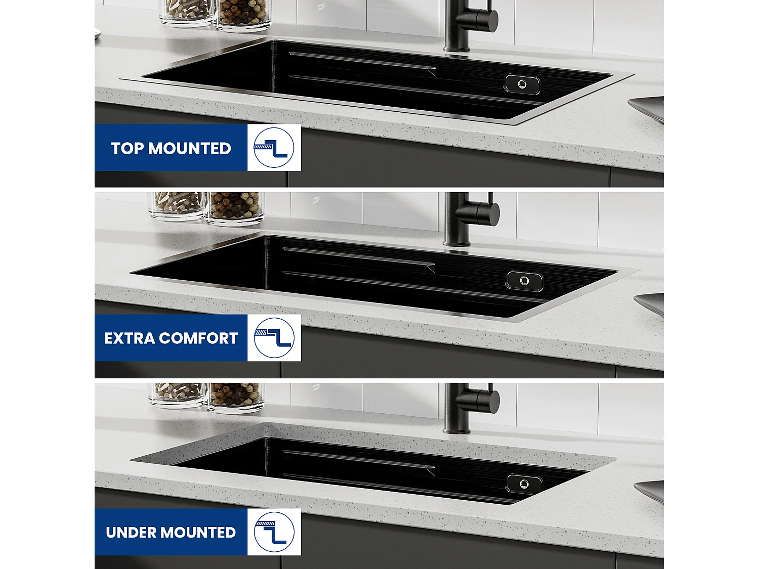 CECIPA MAX Lavello 1 Vasca 70×44CM Nero Lavello con Gocciolatoio e Vasca + Miscelatore Cucina Flessibile, 2 Tipi di Getti Rubinetto Estraibile Nero