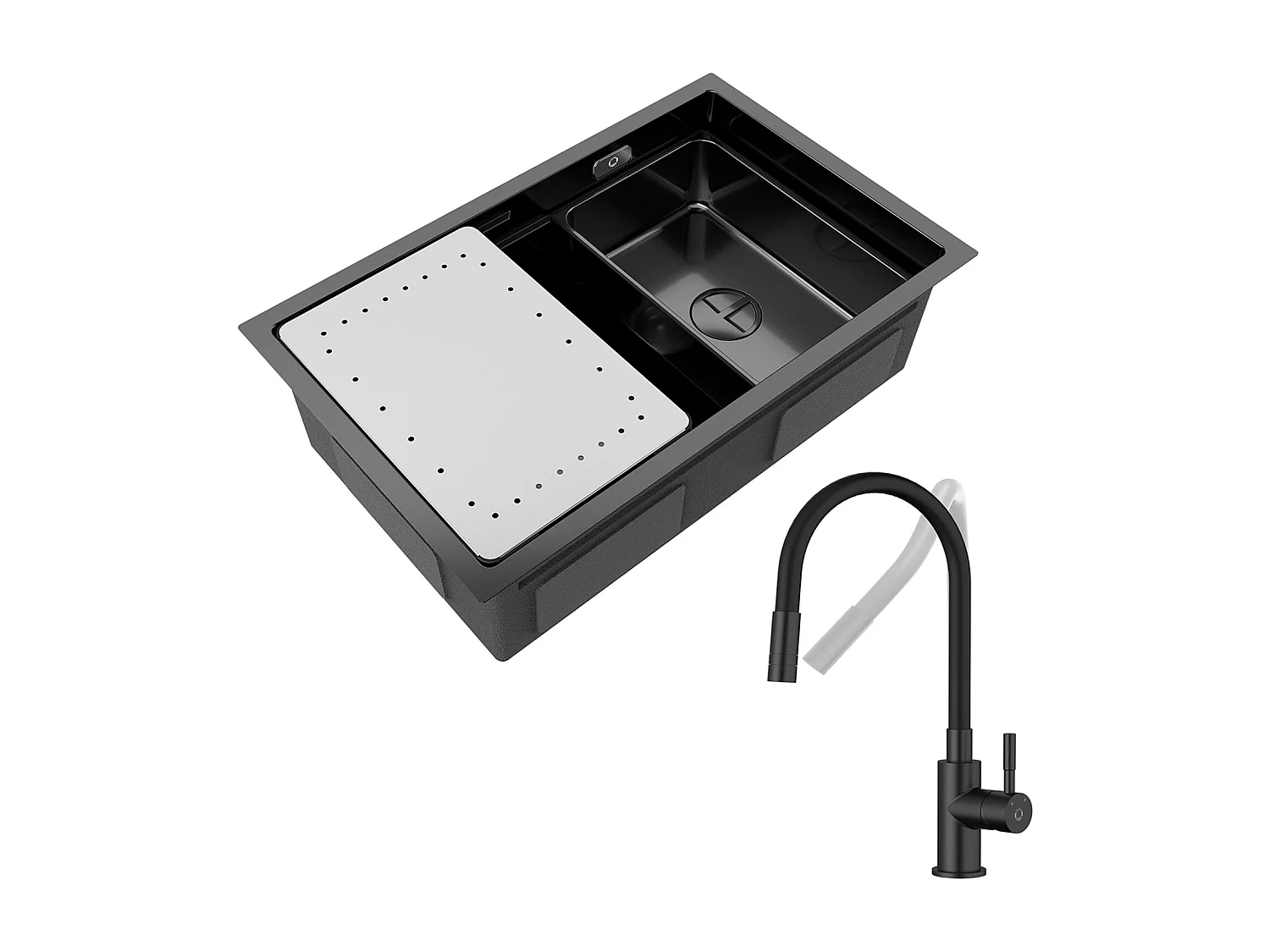 CECIPA MAX Einzelspüle 70×44 cm, schwarze Spüle mit Abtropffläche und Becken + flexibler Küchenmischbatterie, 2 Düsenarten, schwarzer ausziehbarer Wasserhahn