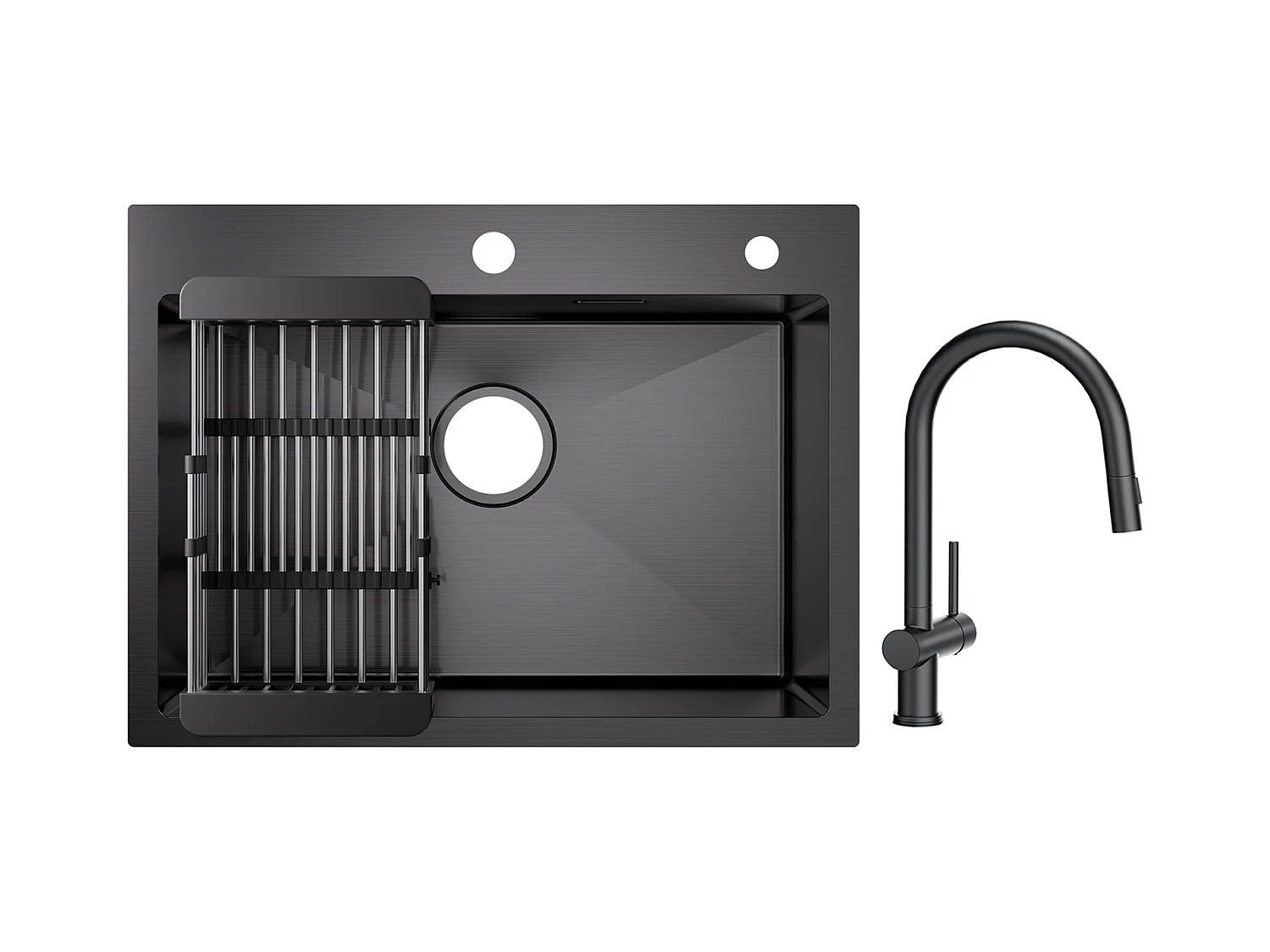 Cecipa max Évier 1 Bac Inox avec Panier de Drainage - Évier Noir 60×45×18cm + Mitigeur de Cuisine avec Douchette Extractible avec 2 Types de Jet Noir
