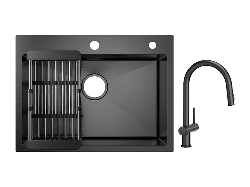 Cecipa max 1 Becken Edelstahlspüle mit Abflusskorb – Schwarze Spüle 60×45×18cm + Küchenmischbatterie mit ausziehbarer Brause mit 2 Arten von Tiefschwarz