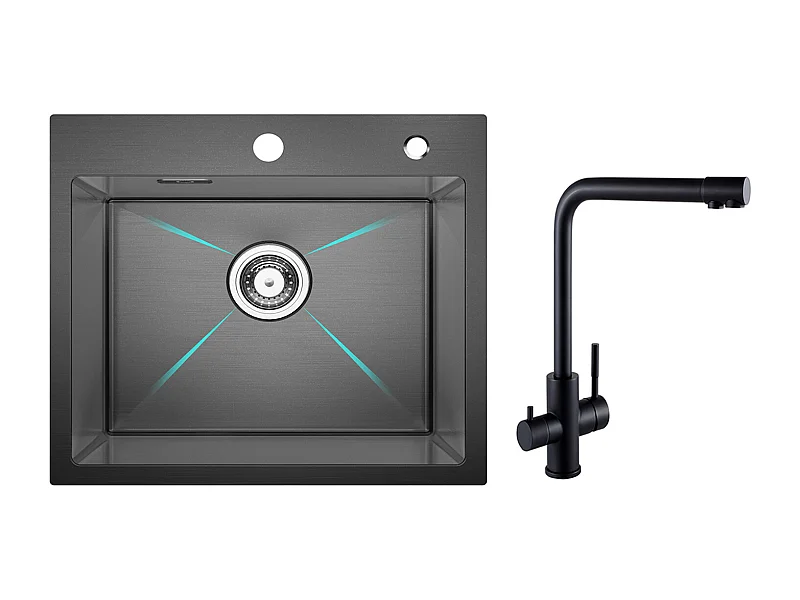 Lavello da cucina Cecipa MAX 1 vasca 50×45×18,5 cm Lavello in acciaio inox nero + miscelatore lavello 3 vie, 2 leve, Nero