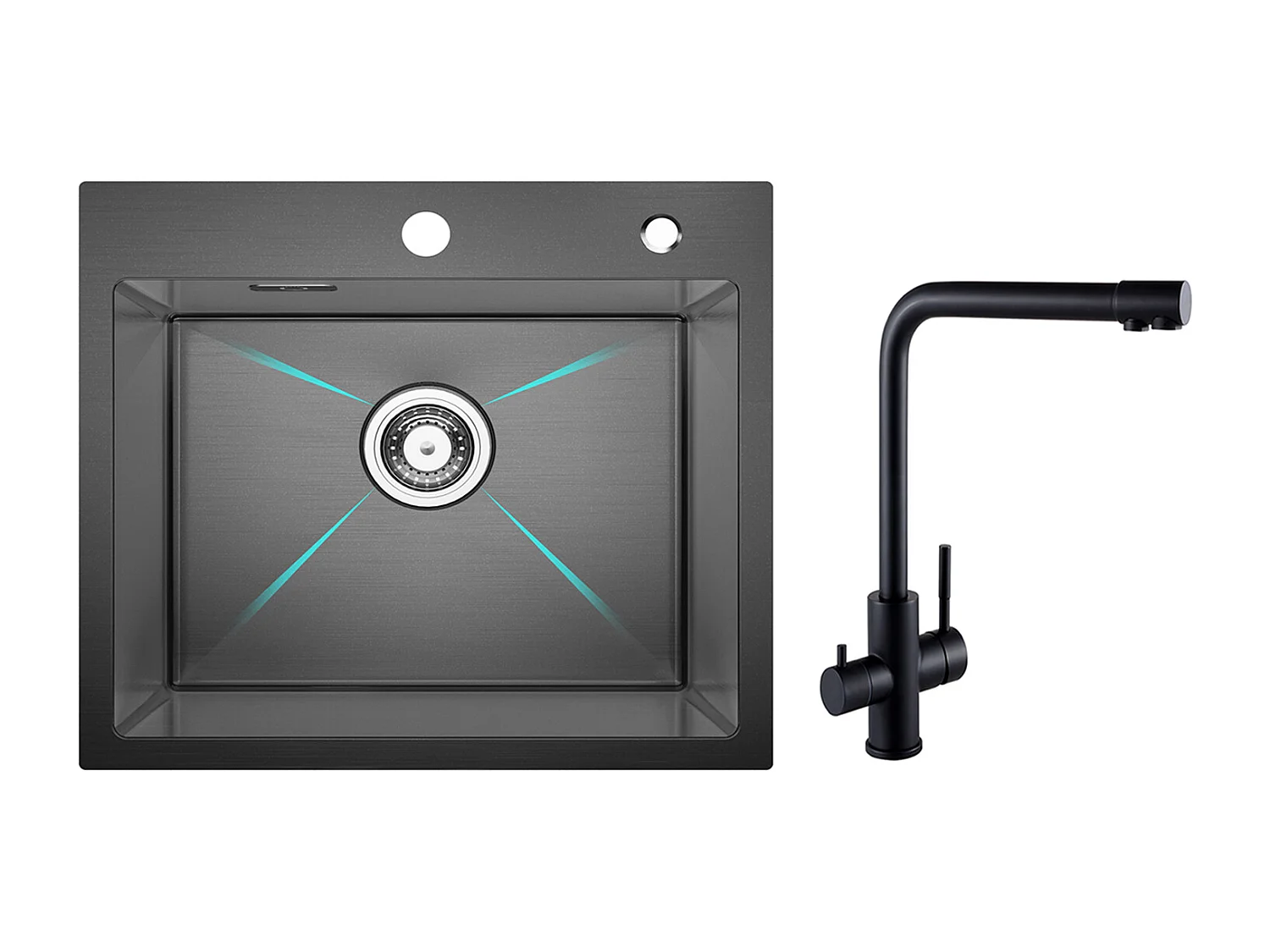 Lavello da cucina Cecipa MAX 1 vasca 50×45×18,5 cm Lavello in acciaio inox nero + miscelatore lavello 3 vie, 2 leve, Nero