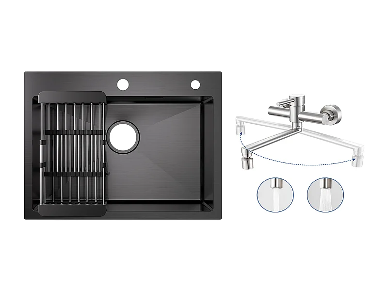 Lavello da cucina a 1 vasca 60×45×18 cm Lavello in acciaio inox nero con cestello di drenaggio + Miscelatore da cucina a parete con 2 getti spazzolati