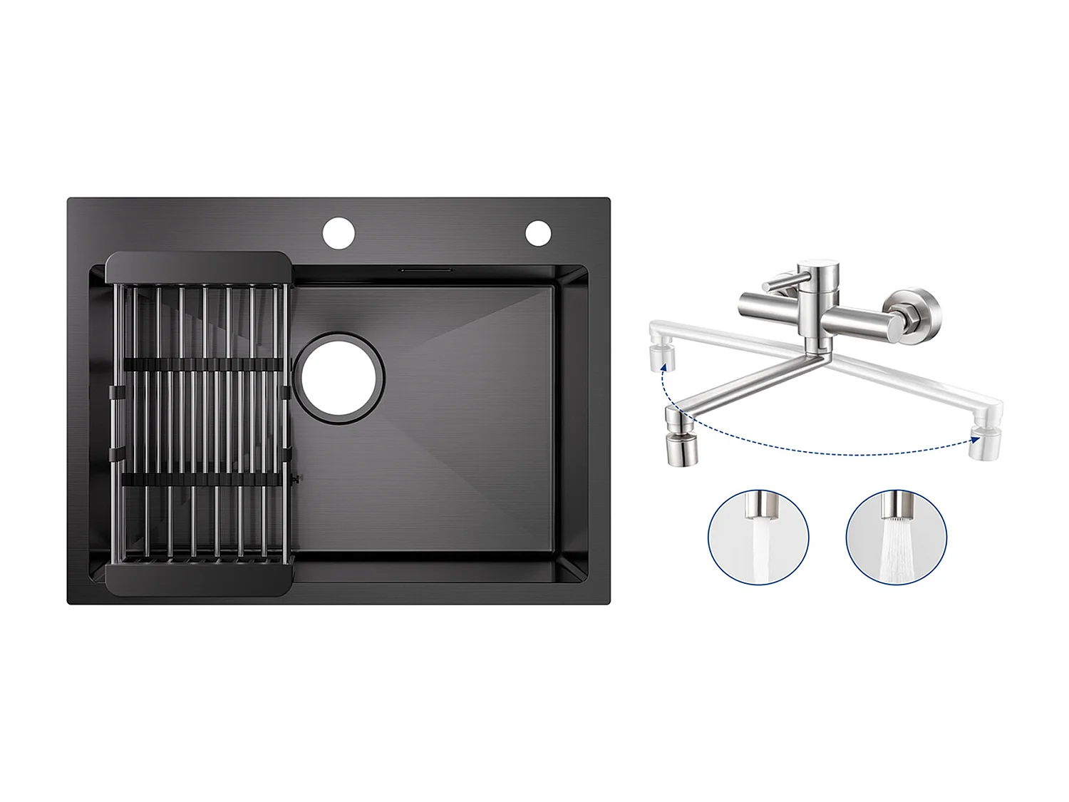 Lavello da cucina a 1 vasca 60×45×18 cm Lavello in acciaio inox nero con cestello di drenaggio + Miscelatore da cucina a parete con 2 getti spazzolati