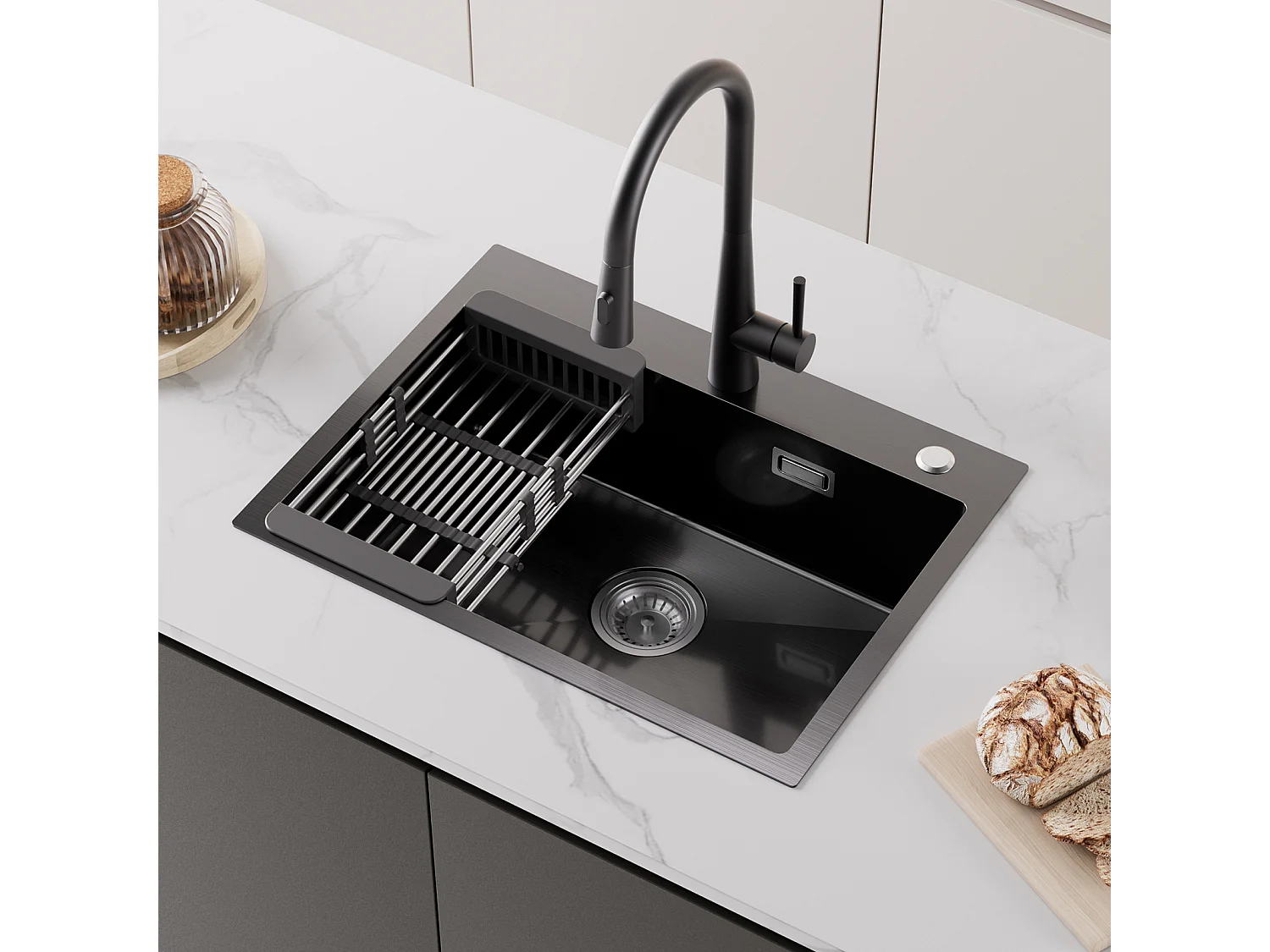 Lavello da cucina a 1 vasca 60×45×18 cm Lavello in acciaio inox nero con cestello di drenaggio + Miscelatore da cucina a parete con 2 getti spazzolati