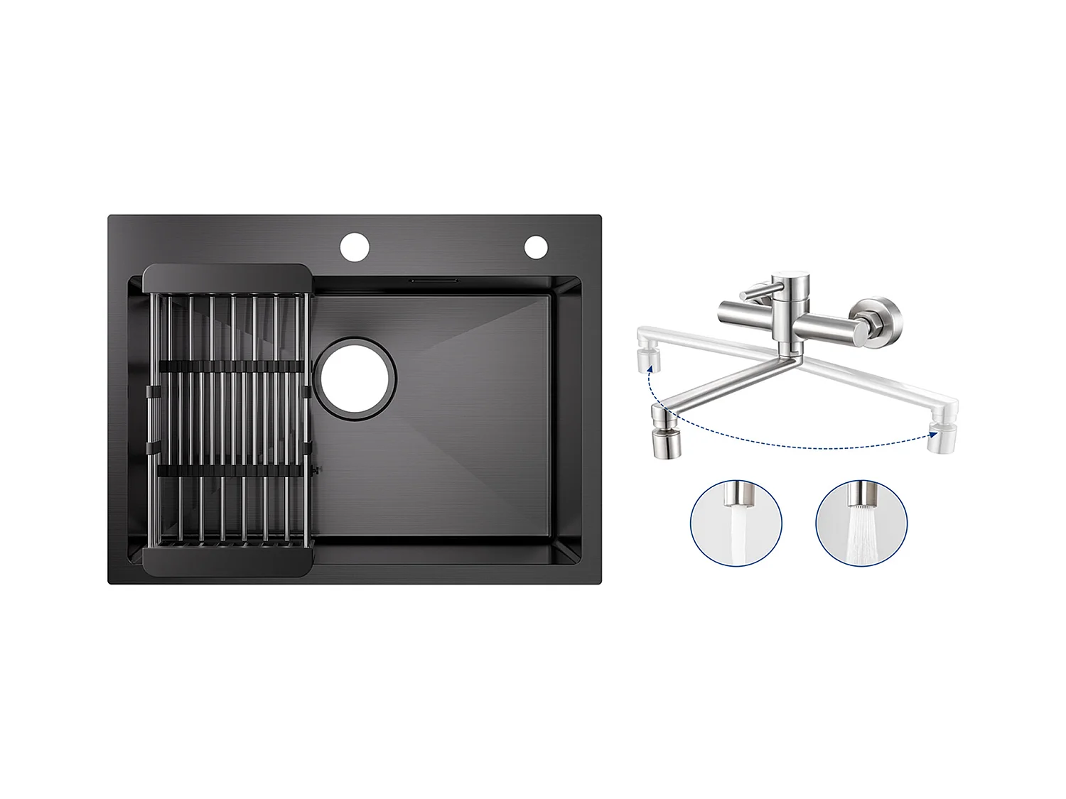 Évier Cuisine 1 Bac 60×45×18CM Évier Inox Noir avec Panier de Drainage + Mitigeur de Cuisine Mural avec 2 Jets Brossé