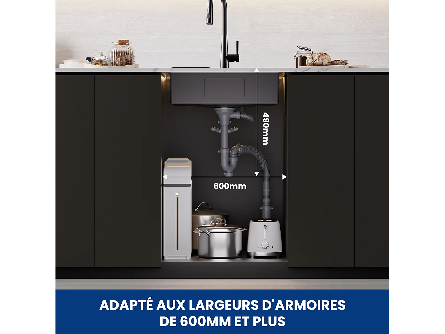 Évier Cuisine 1 Bac 60×45×18CM Évier Inox Noir avec Panier de Drainage + Mitigeur de Cuisine Mural avec 2 Jets Brossé