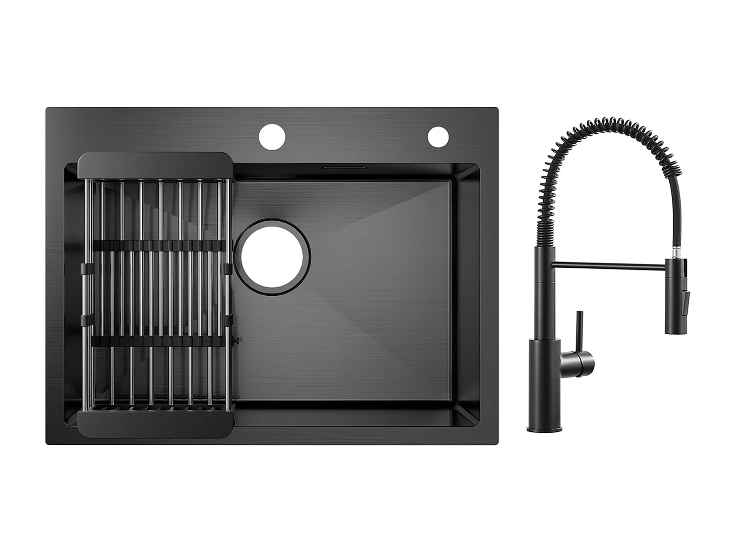 Lavello Cucina Cecipa max 1 Vasca in Acciaio Inox 60×45×18 cm - Lavello 1 Vasca con Cestello di Scarico Nero + Miscelatore a Molla Nero con Doccia Estraibile