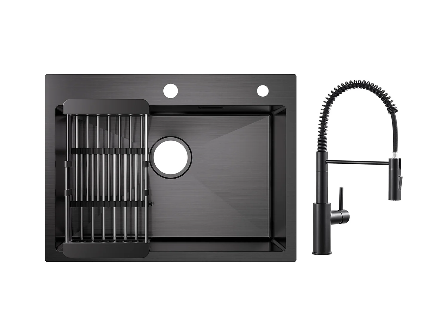 Cecipa max Évier de Cuisine 1 Cuve Inox 60×45×18 cm - Noir Évier 1 Bac avec Panier de Drainage + Mitigeur à Ressort Noir avec Douchette Extractible