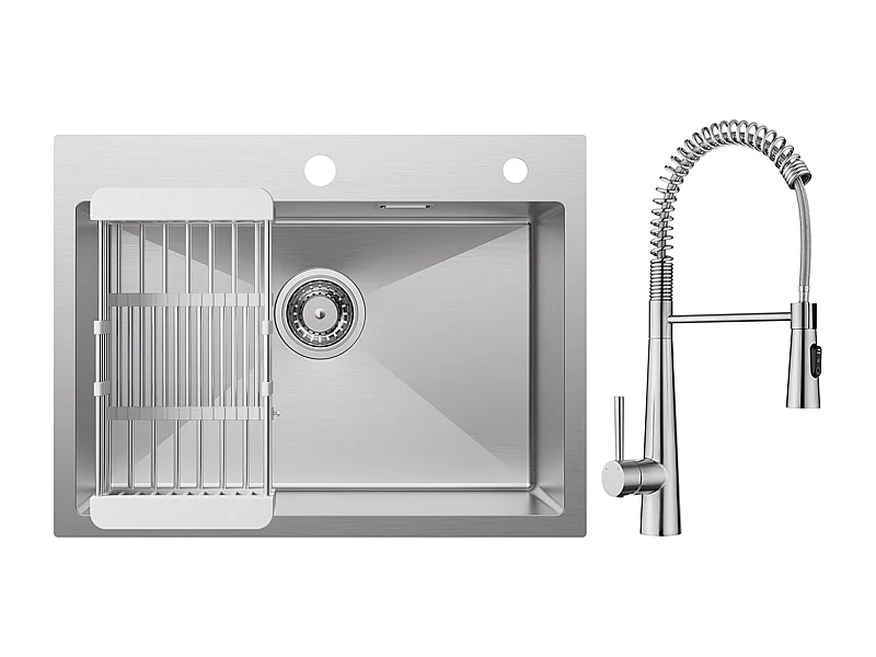 Cecipa max Évier 1 Bac 60×45cm Évier Inox Brossé avec Panier de Drainage + Mitigeur de Cuisine à Ressort avec 3 Modes de Sortie D'eau, Brossé