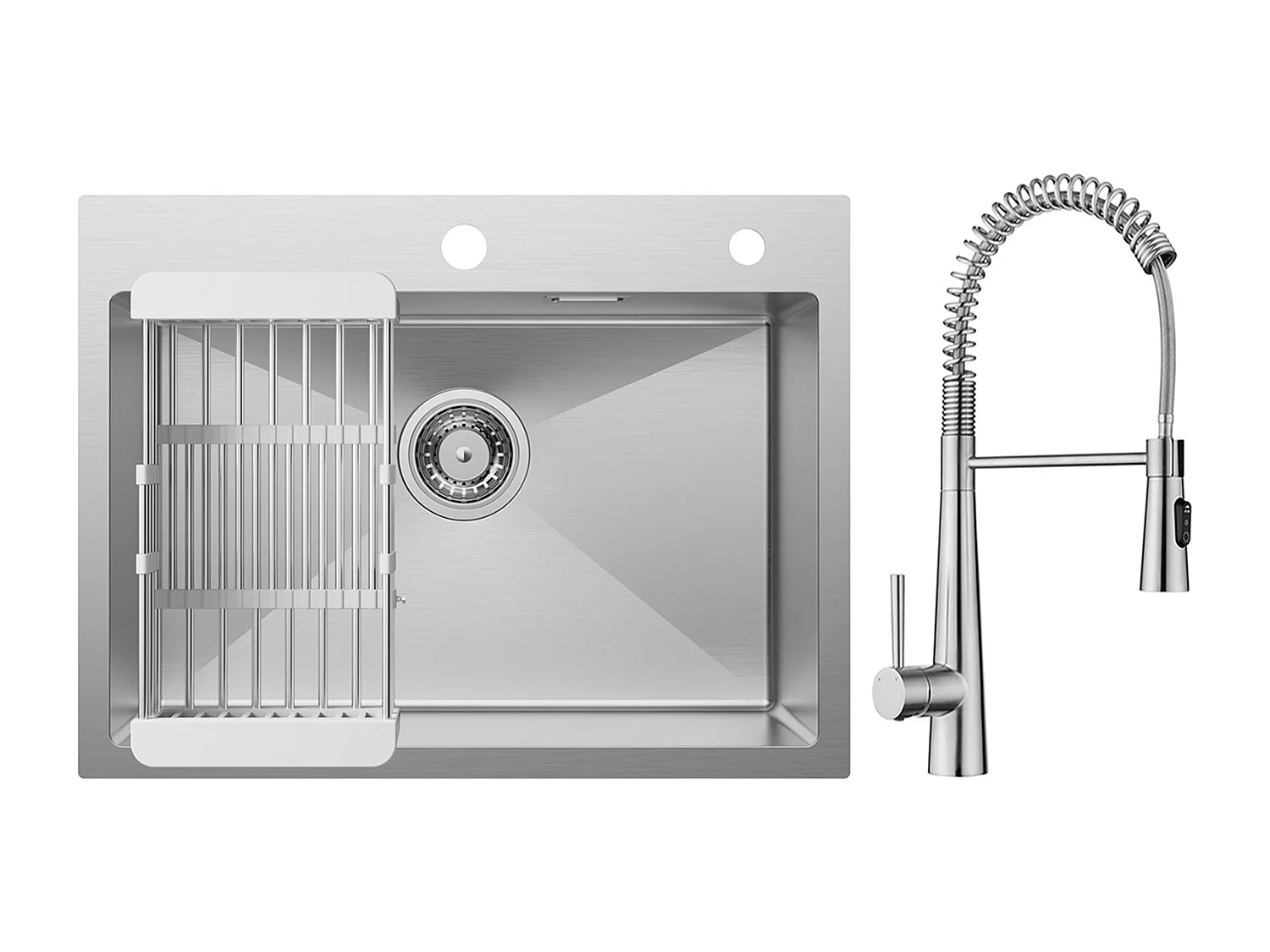 Cecipa max Évier 1 Bac 60×45cm Évier Inox Brossé avec Panier de Drainage + Mitigeur de Cuisine à Ressort avec 3 Modes de Sortie D'eau, Brossé