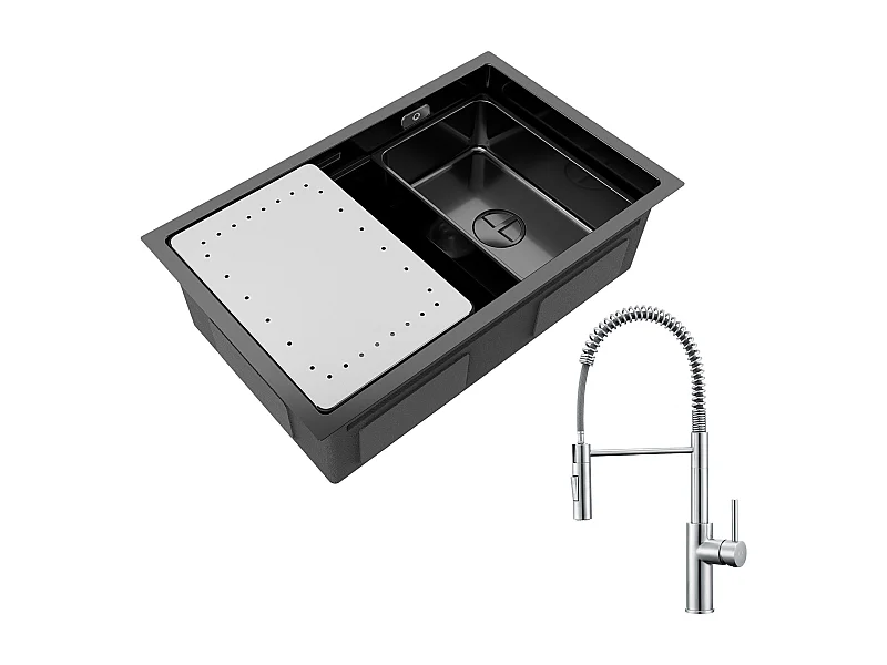 Fregadero de cocina Cecipa max 1 seno 70×44 cm negro fregadero empotrado con escurridor y lavabo + mezclador de cocina de resorte cepillado con ducha extraíble