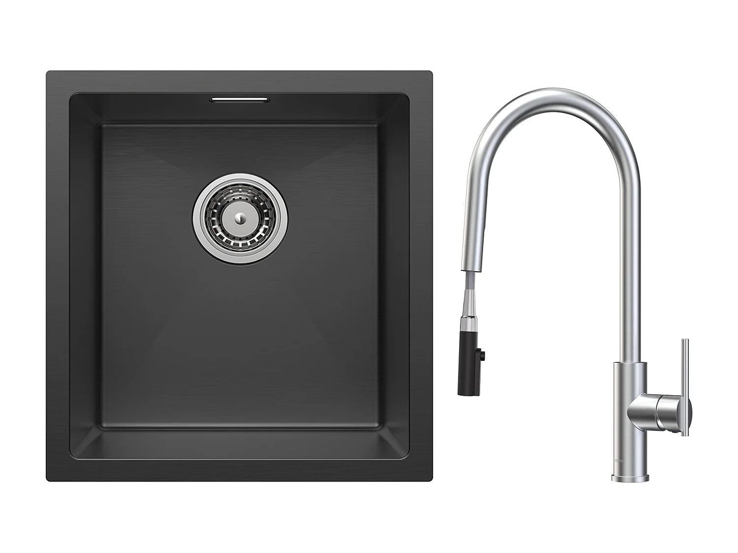 Évier 1 Bac en Acier Inoxydable Noir Évier Encastré 40*44cm + Mitigeur de Cuisine Avec Douchette Extractible, 2 Modes de Sortie D'eau, Brossé