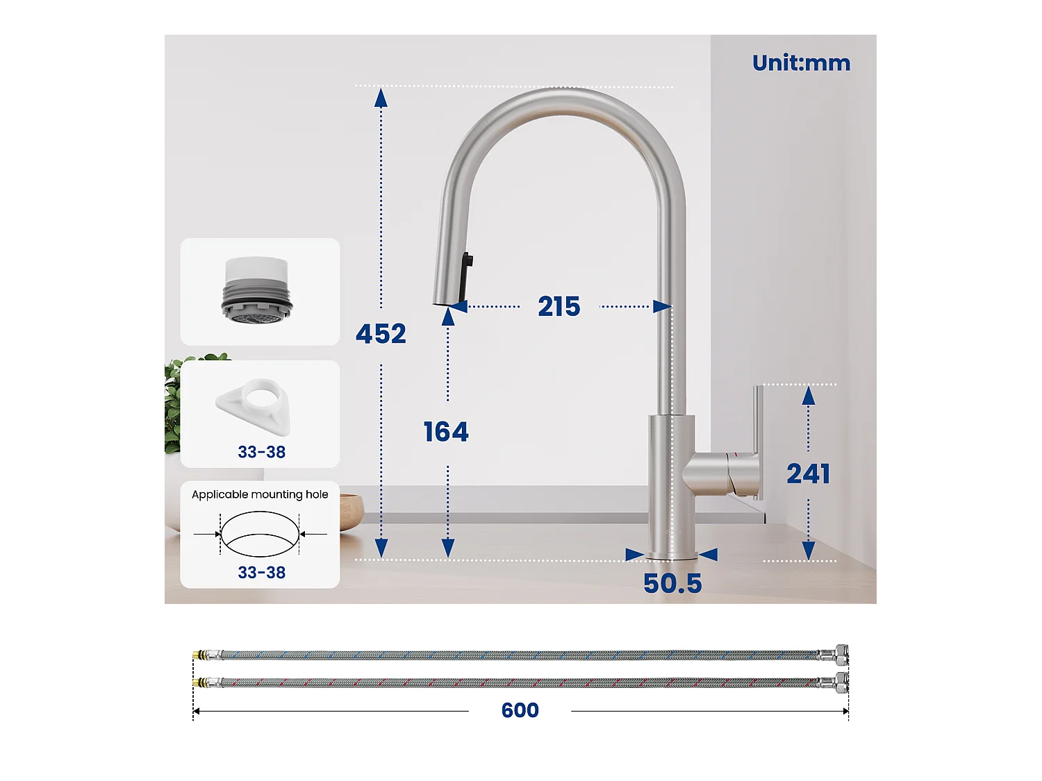 Évier 1 Bac en Acier Inoxydable Noir Évier Encastré 40*44cm + Mitigeur de Cuisine Avec Douchette Extractible, 2 Modes de Sortie D'eau, Brossé
