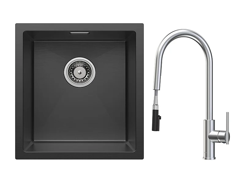 Évier 1 Bac en Acier Inoxydable Noir Évier Encastré 40*44cm + Mitigeur de Cuisine Avec Douchette Extractible, 2 Modes de Sortie D'eau, Brossé