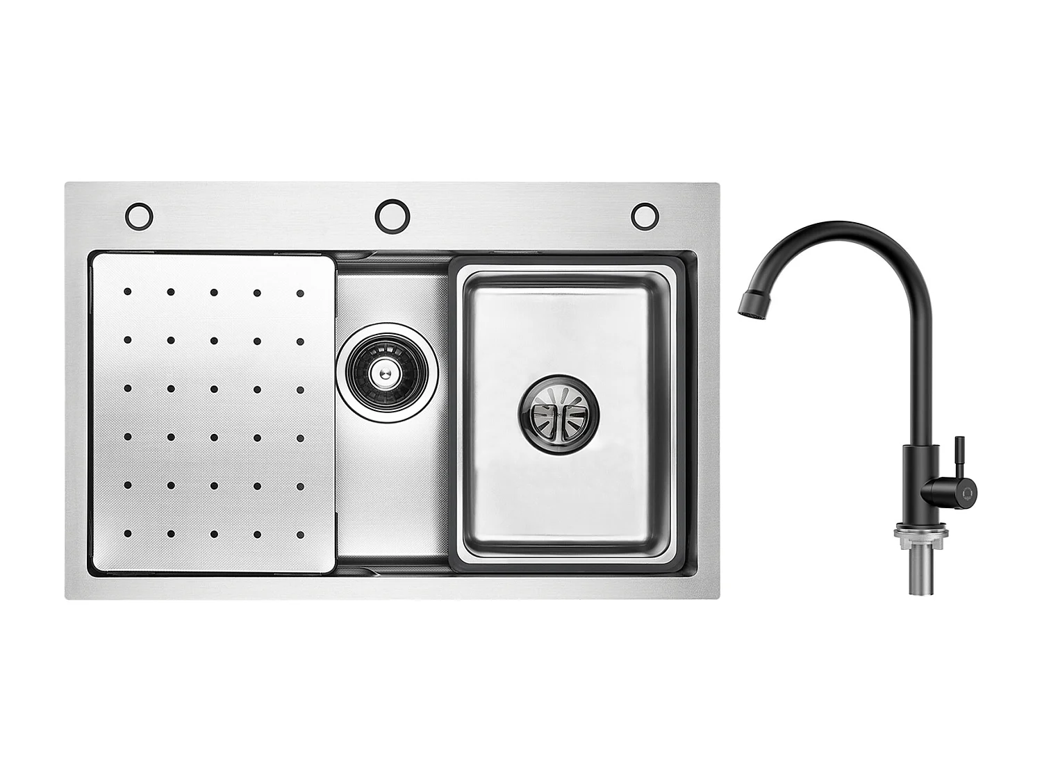 Évier 1 Bac 70×45CM Évier Inox Argent avec Egouttoir,Vasque, Distributeur de Savon + Robinet de Cuisine à eau Froide,Noir