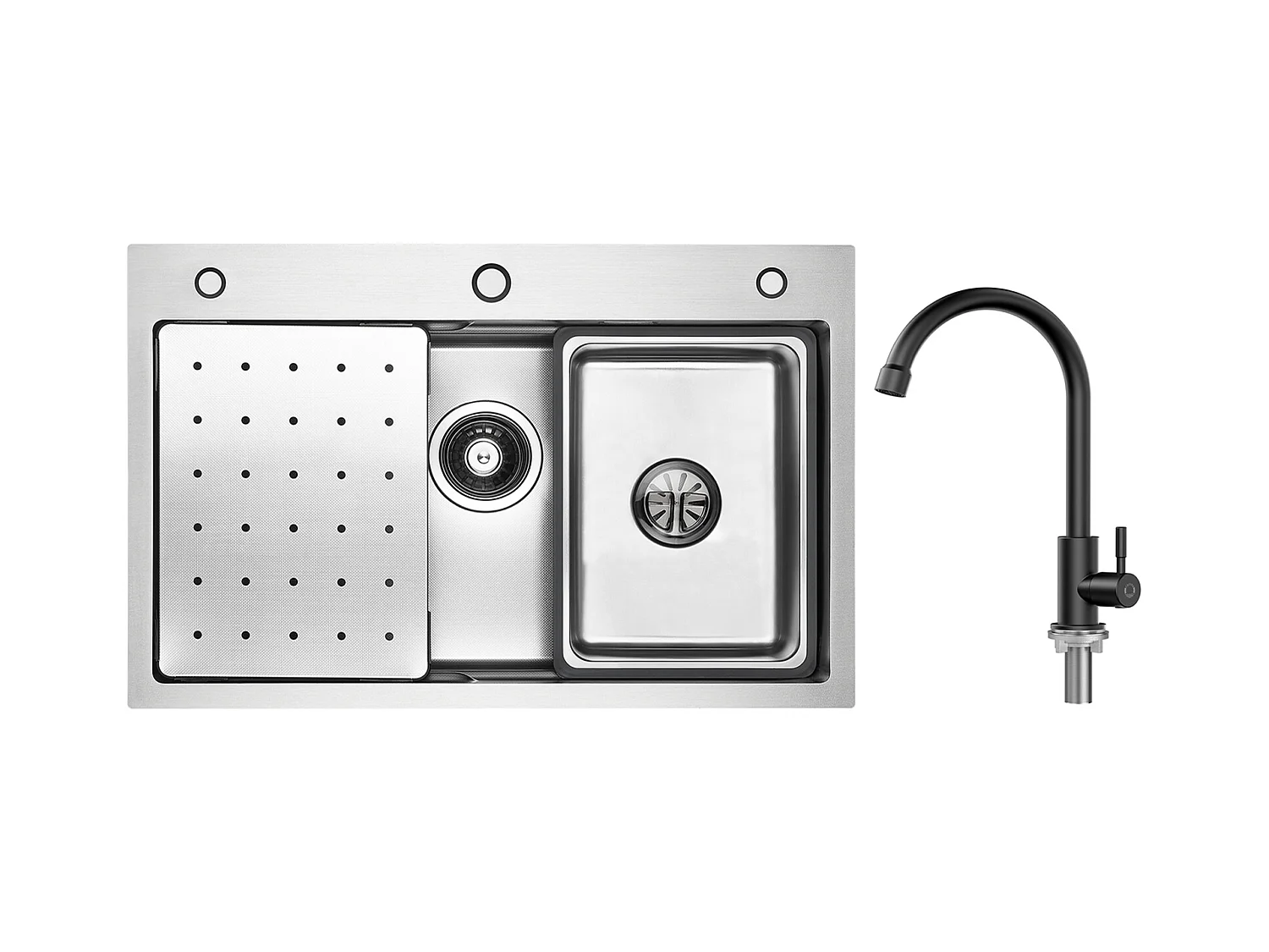 Fregadero de 1 lavabo Fregadero de acero inoxidable plateado de 70 × 45 cm con escurridor, lavabo, dispensador de jabón + grifo de cocina de agua fría, negro