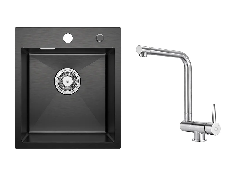 Evier Cuisine 1 Bac Noir Anthracite 40*45*19CM - Évier Inox Évier de Cuisine + Mitigeur de Cuisine Rabattable Brossé