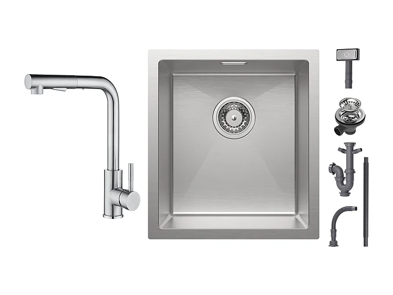 Cecipa max Évier de Cuisine 1 Bac 40x44x19 cm - Évier Inox Évier Encastré Brossé + Mitigeur Brossé avec Douchette Extractible - 2 Jets aux Choix