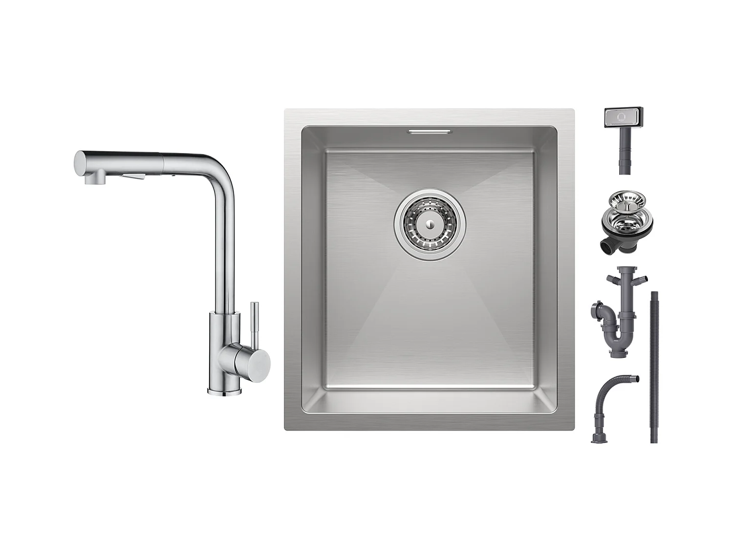 Cecipa max Évier de Cuisine 1 Bac 40x44x19 cm - Évier Inox Évier Encastré Brossé + Mitigeur Brossé avec Douchette Extractible - 2 Jets aux Choix