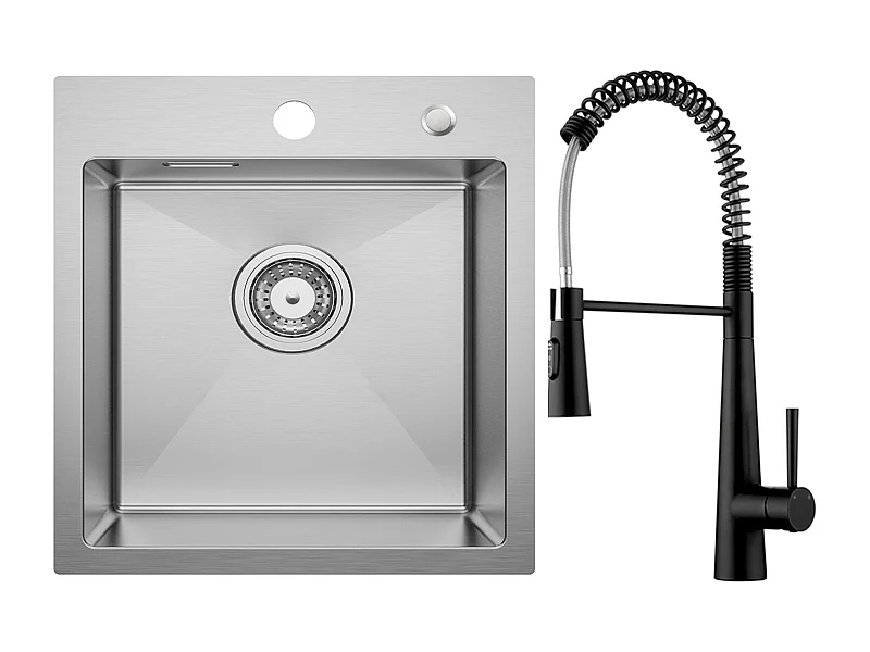 Cecipa max Einzelbecken Küchenspüle 40×45cm Edelstahlspüle Gebürstet Einbauspüle + Feder Küchenarmatur mit 3 Wasserauslaufmodi, Schwarz