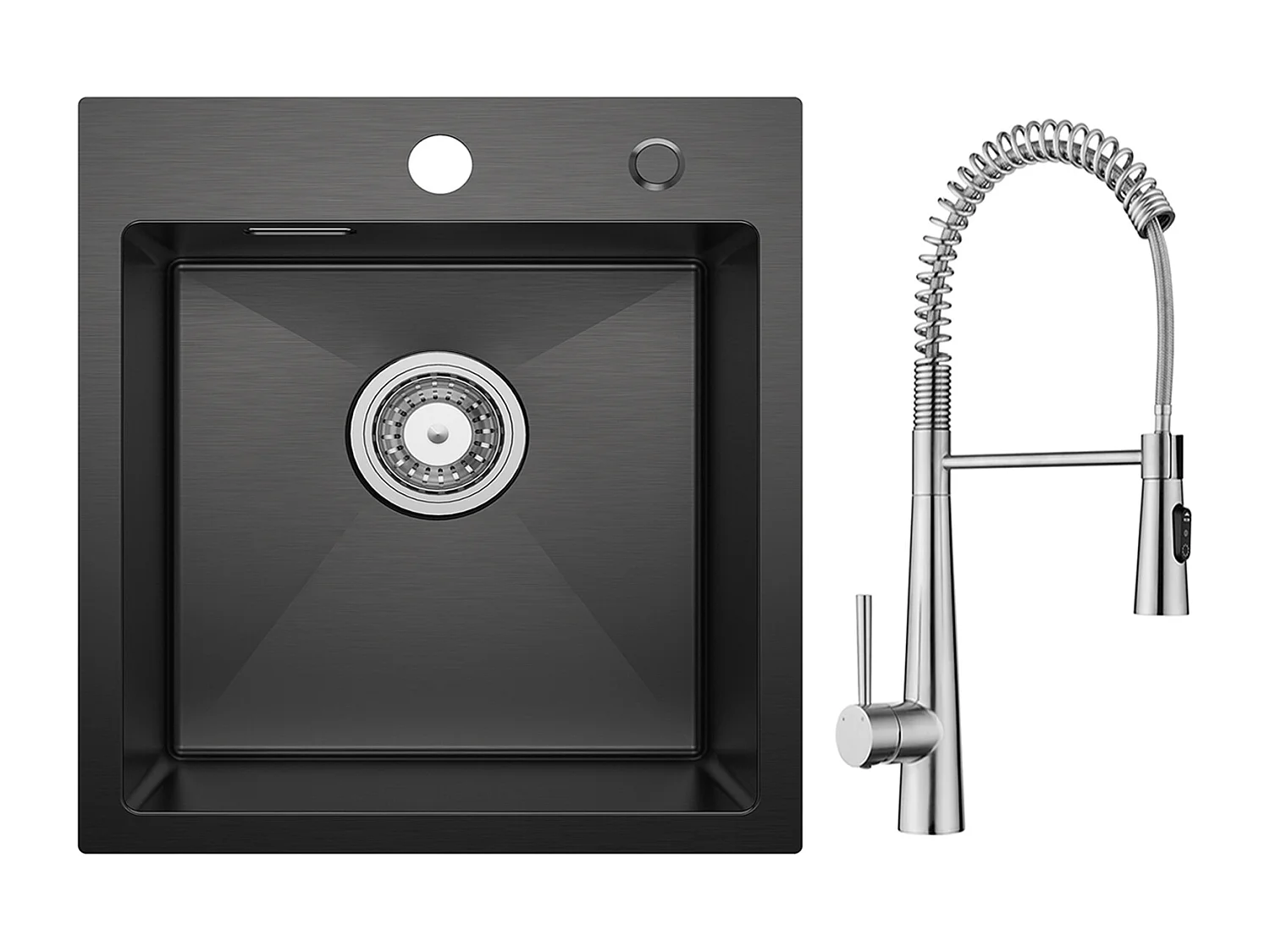 Cecipa max Evier de Cuisine Noir 40*45CM - Évier Inox Évier 1 Bac + Mitigeur de Cuisine à Ressort avec 3 Modes de Sortie D'eau, Brossé