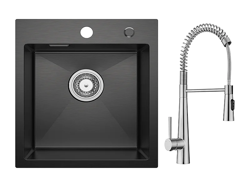 Cecipa max Evier de Cuisine Noir 40*45CM - Évier Inox Évier 1 Bac + Mitigeur de Cuisine à Ressort avec 3 Modes de Sortie D'eau, Brossé