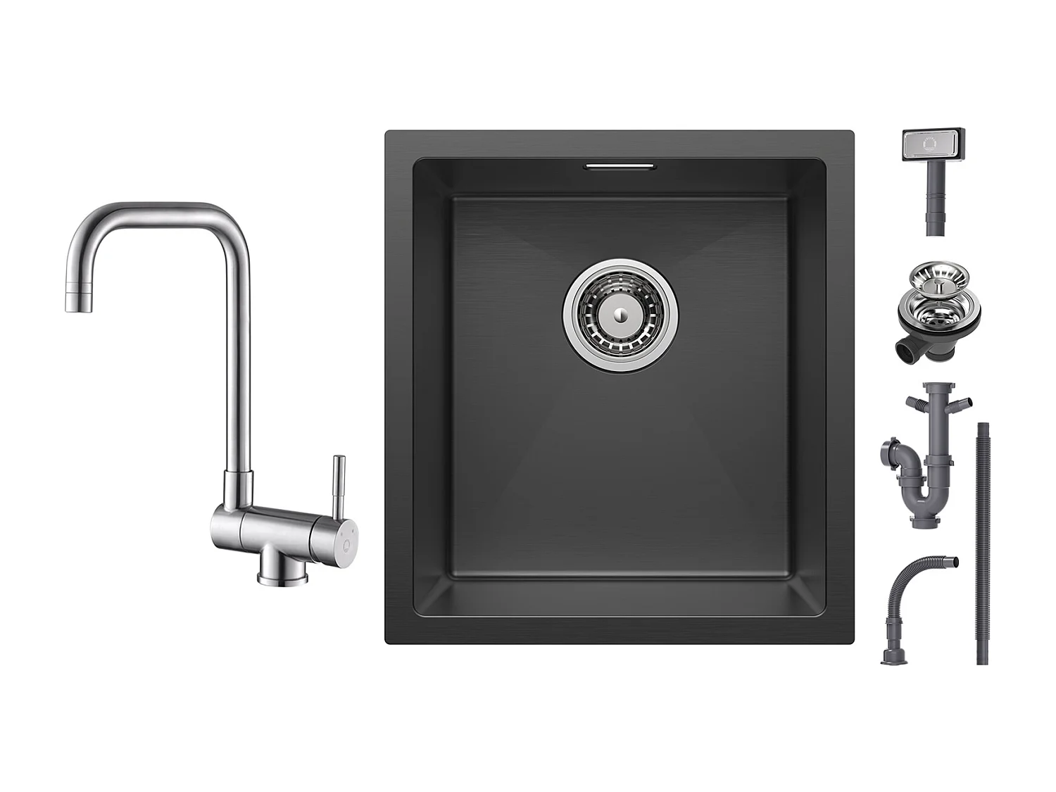 Cecipa max Évier Inox Encastré 40*44 cm - Évier de Cuisine 1 Bac Noir + Robinet Rabattable Mitigeur de Evier Repliable en Inox devant Fenêtre Brossé