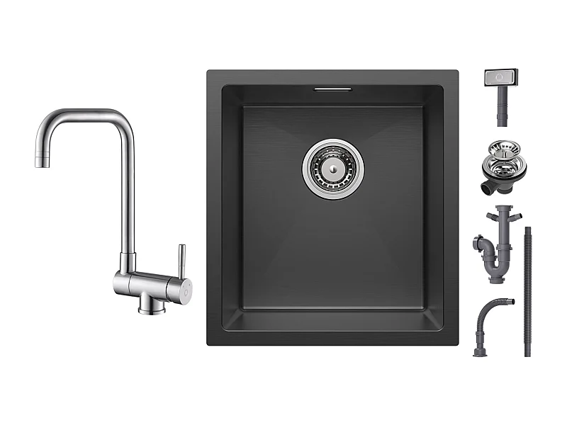 Cecipa max Évier Inox Encastré 40*44 cm - Évier de Cuisine 1 Bac Noir + Robinet Rabattable Mitigeur de Evier Repliable en Inox devant Fenêtre Brossé