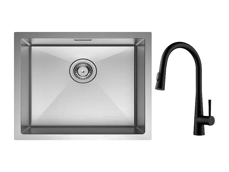 Cecipa max Évier 1 Bac 50*44cm Évier de Cuisine en Inox Brossé + Mitigeur de Cuisine avec Douchette Extractible - Avec 3 Modes de Sortie D'eau - Noir