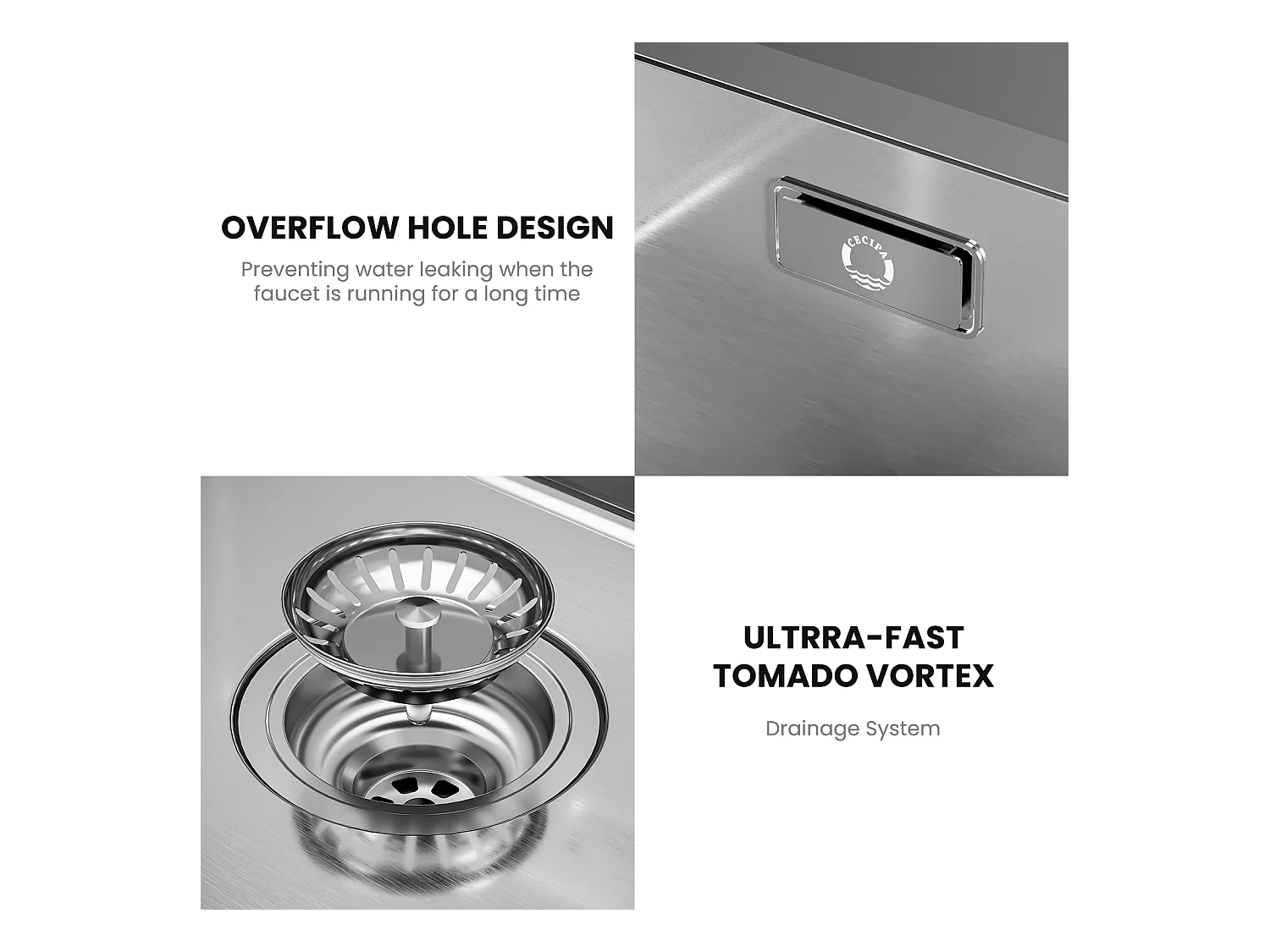 Cecipa max Évier 1 Bac 50*44cm Évier de Cuisine en Inox Brossé + Mitigeur de Cuisine avec Douchette Extractible - Avec 3 Modes de Sortie D'eau - Noir