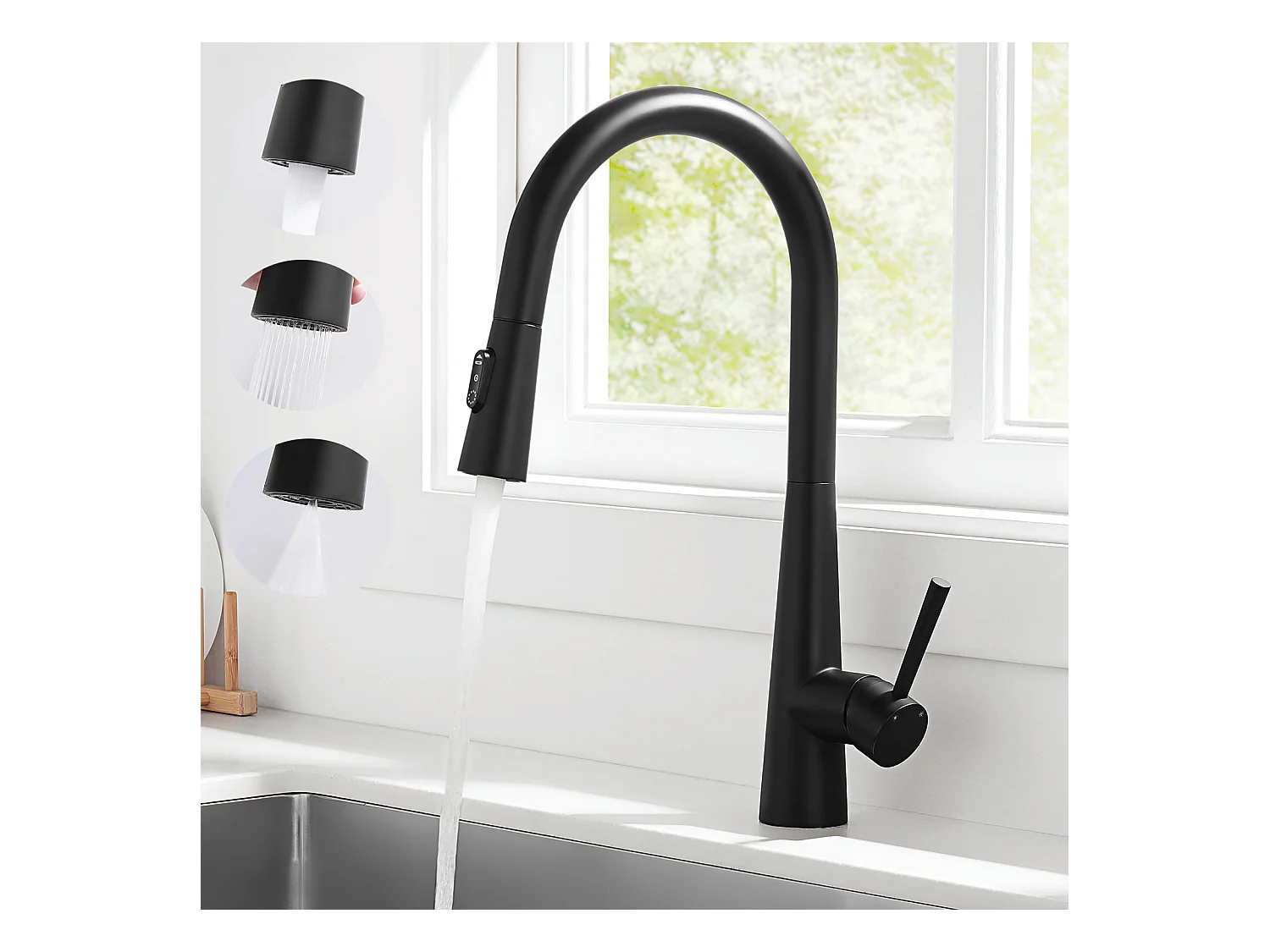 Cecipa max Évier 1 Bac 50*44cm Évier de Cuisine en Inox Brossé + Mitigeur de Cuisine avec Douchette Extractible - Avec 3 Modes de Sortie D'eau - Noir