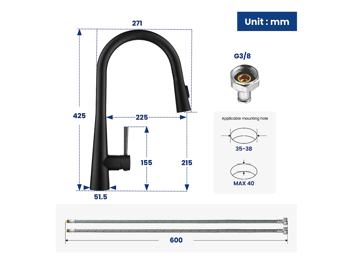Cecipa max Évier 1 Bac 50*44cm Évier de Cuisine en Inox Brossé + Mitigeur de Cuisine avec Douchette Extractible - Avec 3 Modes de Sortie D'eau - Noir