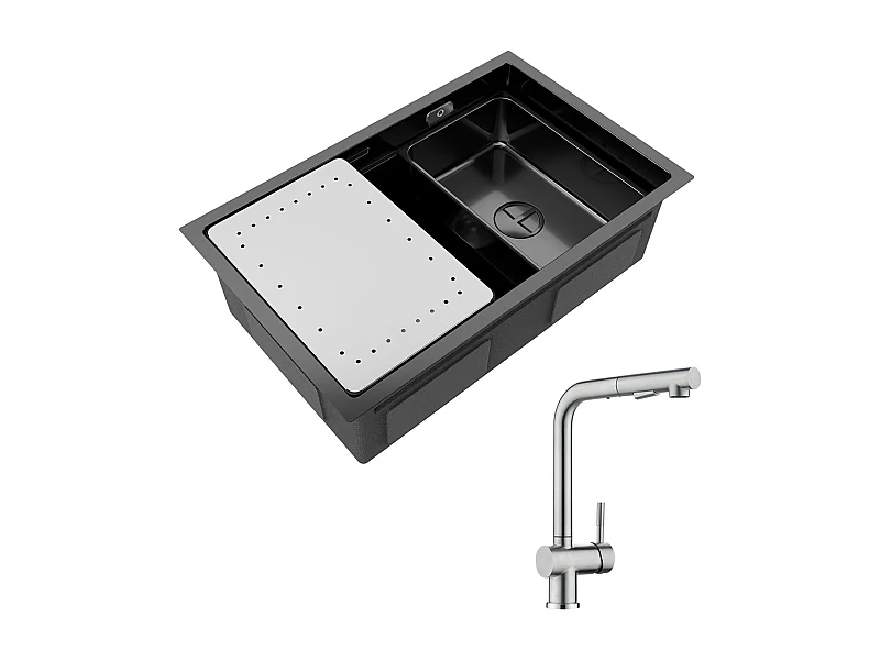 Lavello da cucina Cecipa max 1 vasca 70×44×21 cm Nero Lavello da incasso con gocciolatoio e vasca + Miscelatore da cucina spazzolato con rubinetto doccia a spruzzo