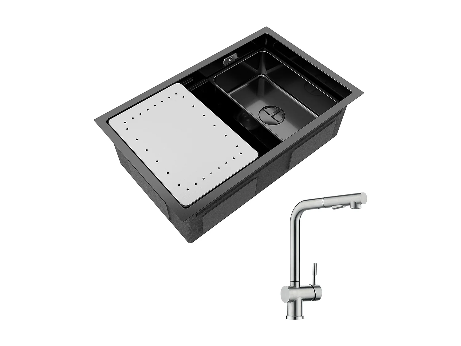 Lavello da cucina Cecipa max 1 vasca 70×44×21 cm Nero Lavello da incasso con gocciolatoio e vasca + Miscelatore da cucina spazzolato con rubinetto doccia a spruzzo